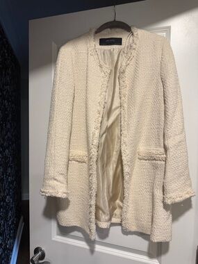 Zara Cream Bouclé Collarless Blazer Jacket